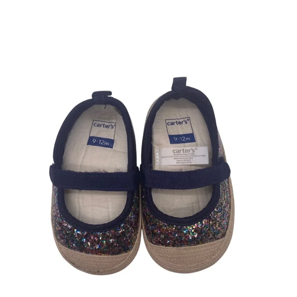 Carters Baby Girl‎ Glitter Mary Jane Shoes 9-12 Months Blue  Jute Sole Non Slip